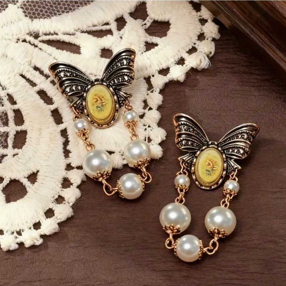 Rustic Pearl Butterfly Dangle  Earrings - Picture 3 of 7